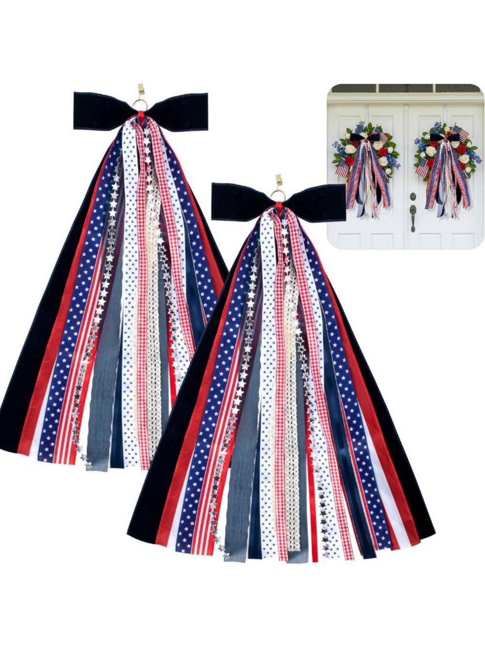 Patriotic Ribbon Bows for Wreaths - 2 Pcs Red White Blue Clip-On Decor for 4th